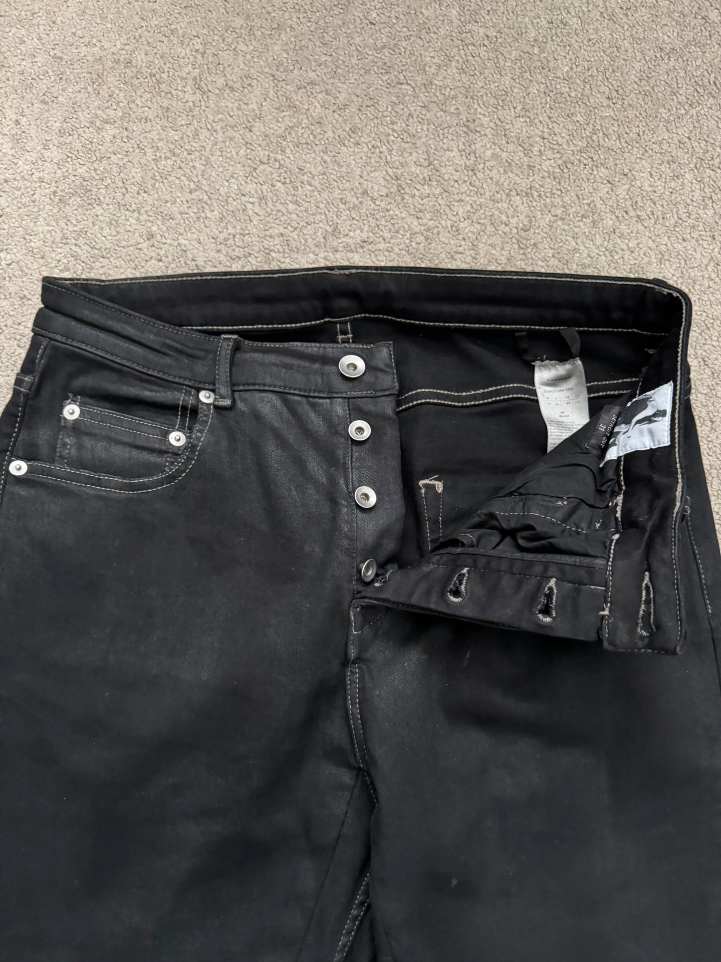 SS24 Rick Owens DRKSHDW Black Waxed Detroit Cut Denim Jeans