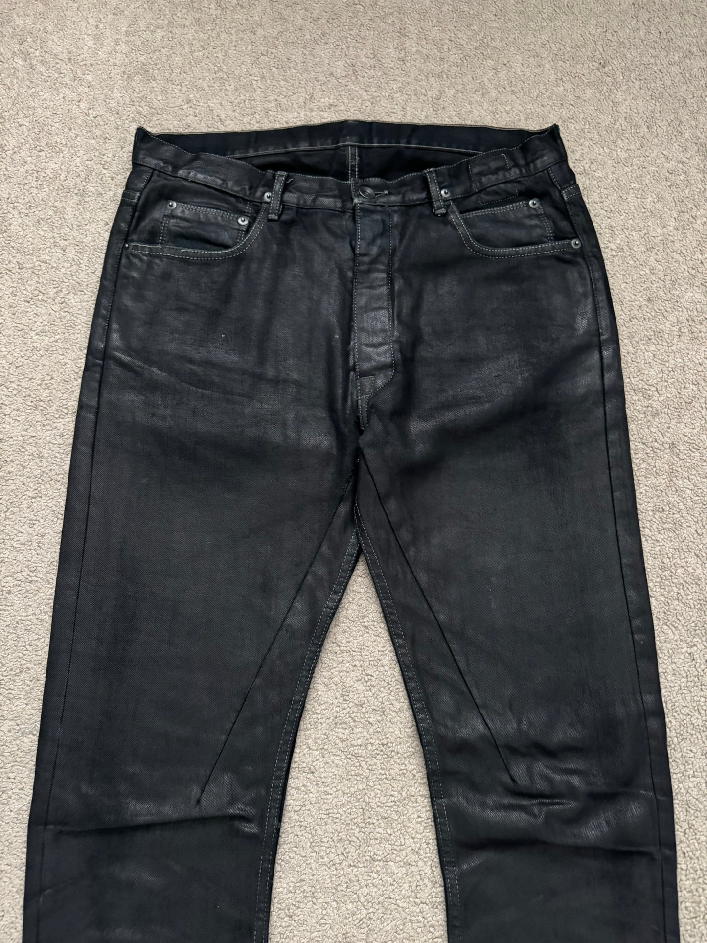 SS17 Rick Owens DRKSHDW Black Waxed Torrance Cut Denim Jeans