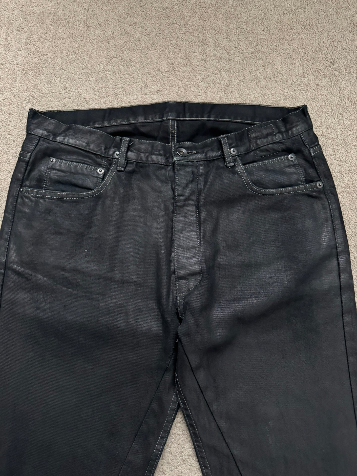 SS17 Rick Owens DRKSHDW Black Waxed Torrance Cut Denim Jeans