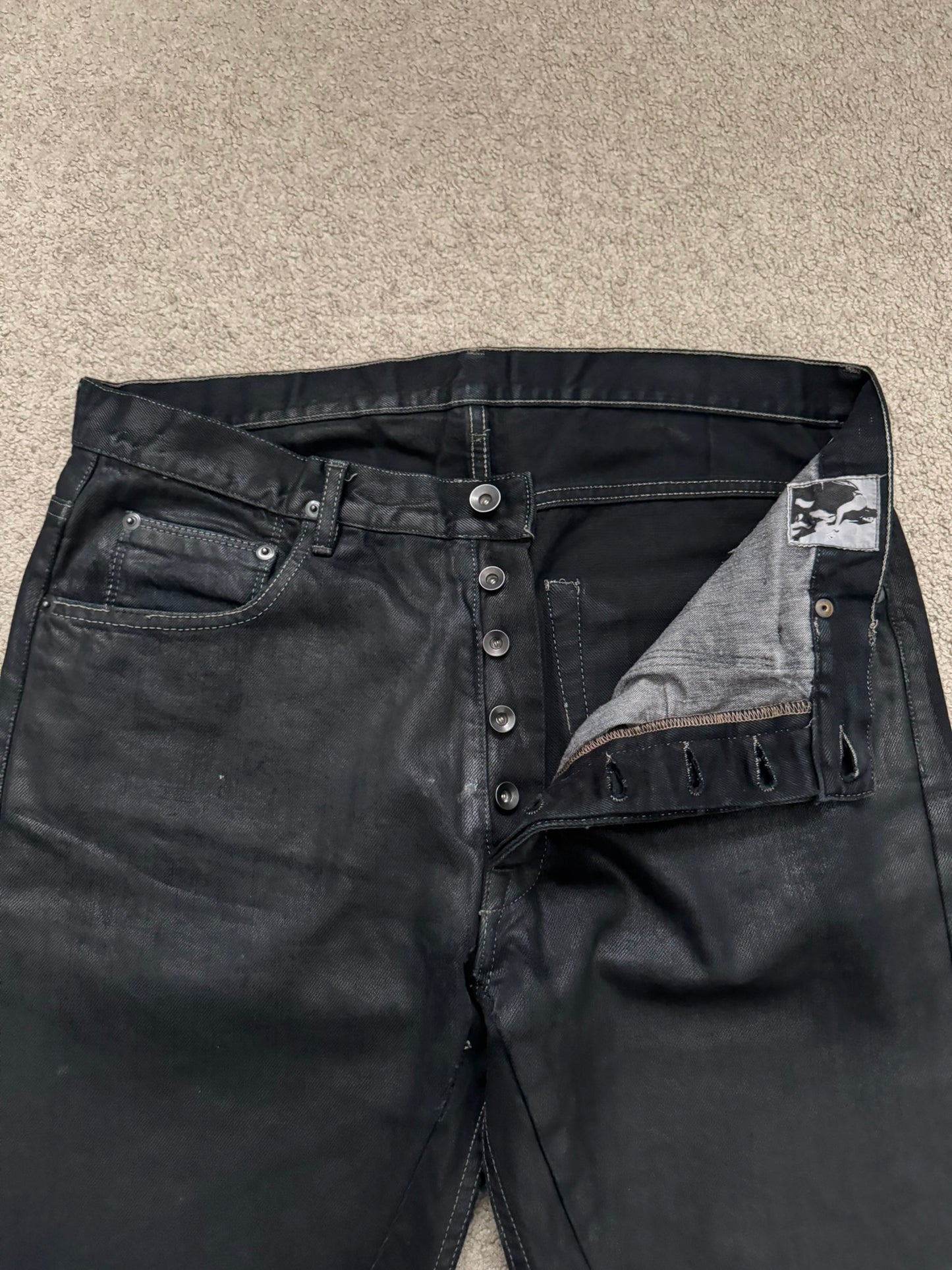 SS17 Rick Owens DRKSHDW Black Waxed Torrance Cut Denim Jeans