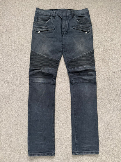 Balmain by Christophe Decarnin Grey/Blue Faded Zip Biker Denim Jeans