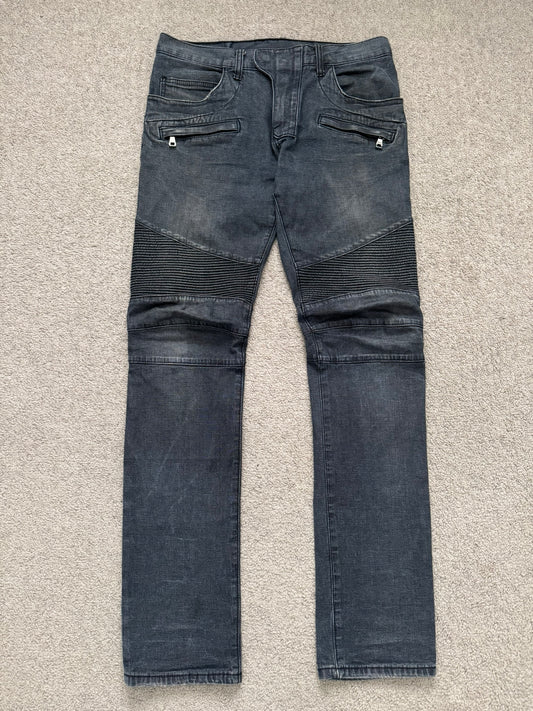 Balmain by Christophe Decarnin Grey/Blue Faded Zip Biker Denim Jeans