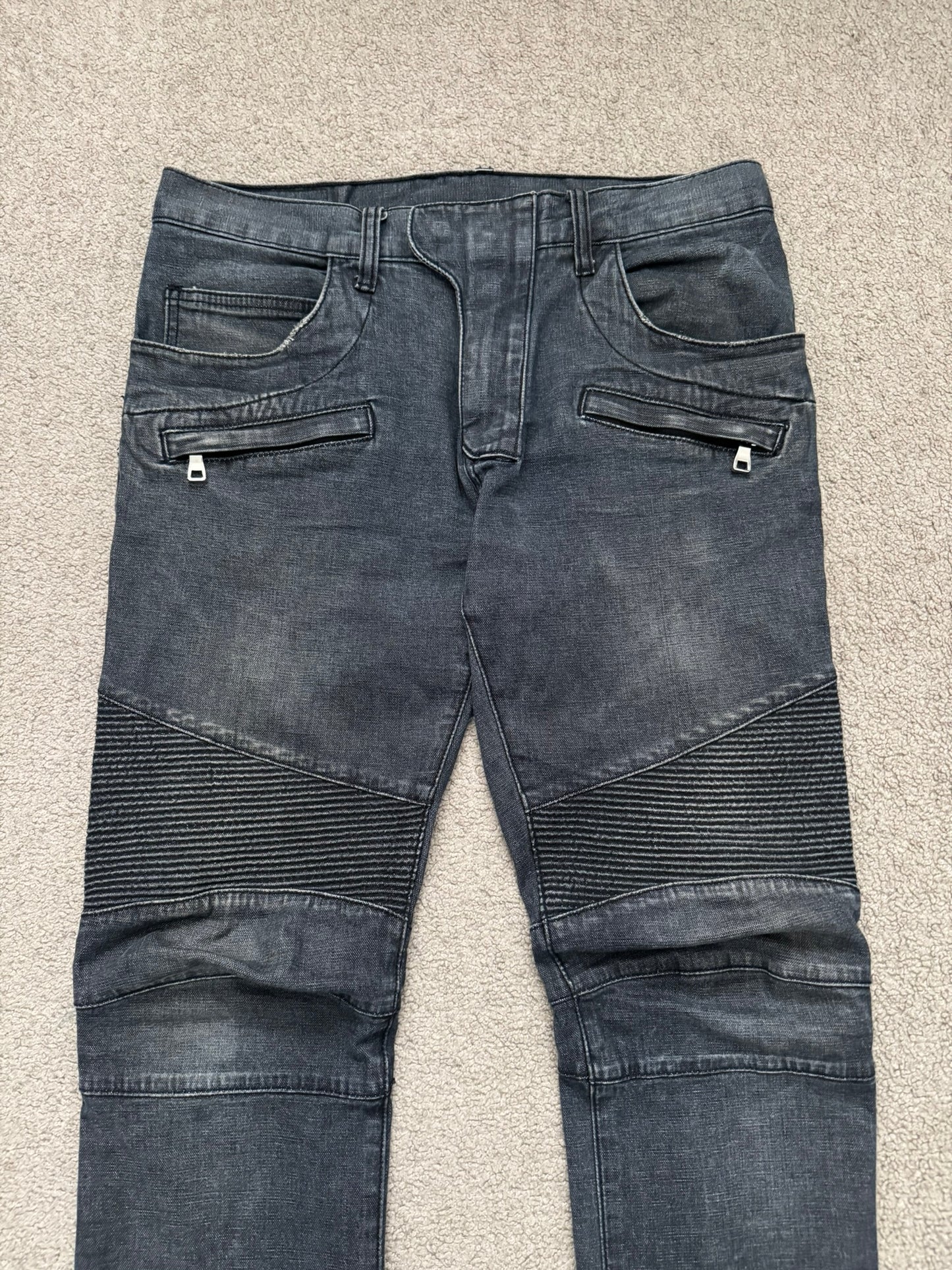 Balmain by Christophe Decarnin Grey/Blue Faded Zip Biker Denim Jeans