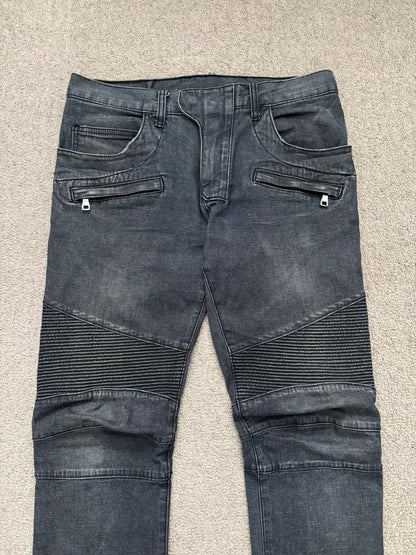 Balmain by Christophe Decarnin Grey/Blue Faded Zip Biker Denim Jeans