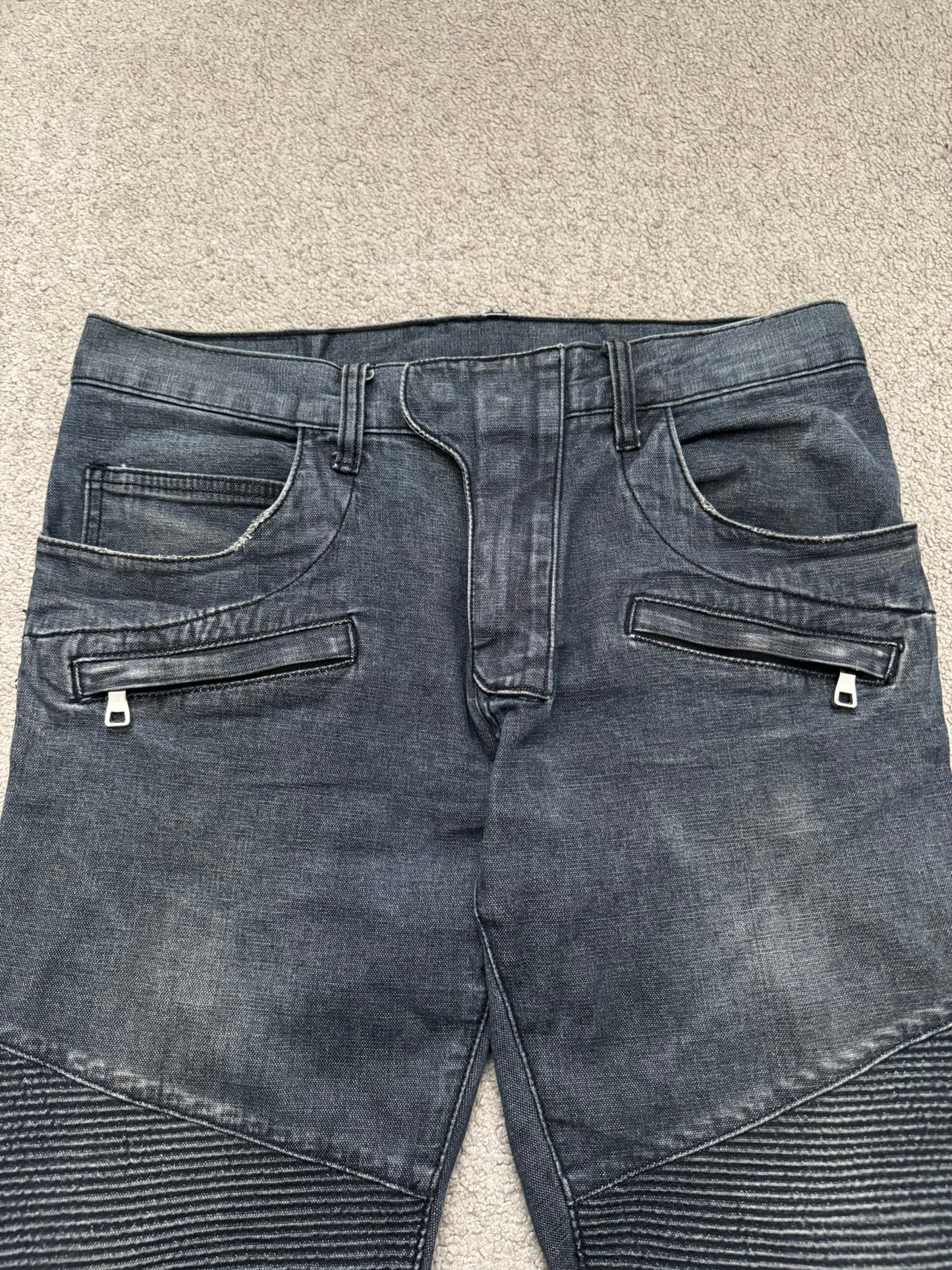 Balmain by Christophe Decarnin Grey/Blue Faded Zip Biker Denim Jeans