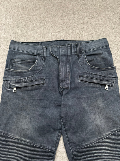 Balmain by Christophe Decarnin Grey/Blue Faded Zip Biker Denim Jeans