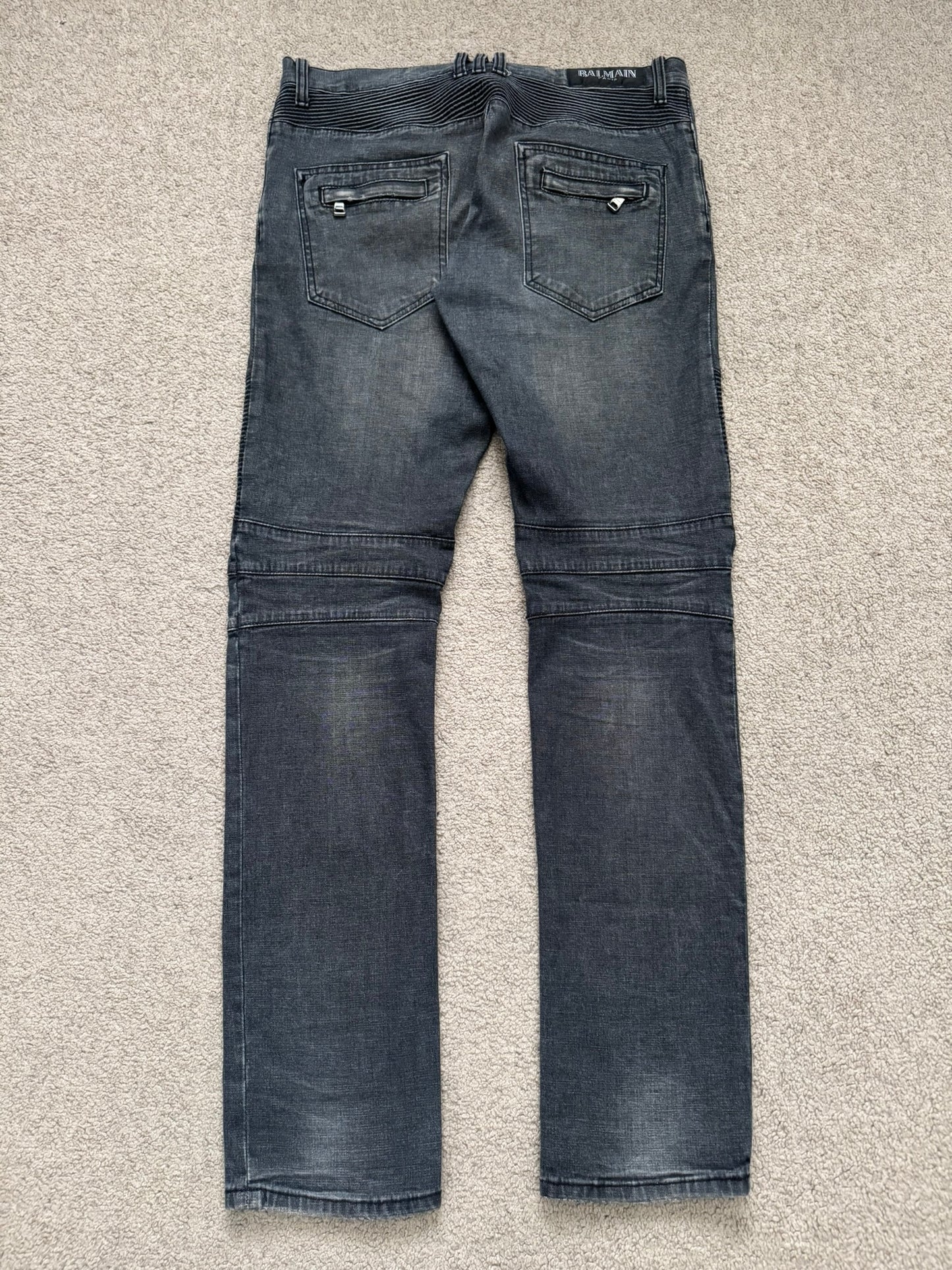 Balmain by Christophe Decarnin Grey/Blue Faded Zip Biker Denim Jeans