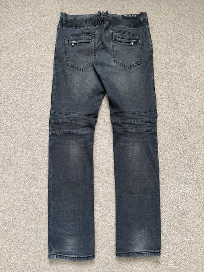 Balmain by Christophe Decarnin Grey/Blue Faded Zip Biker Denim Jeans