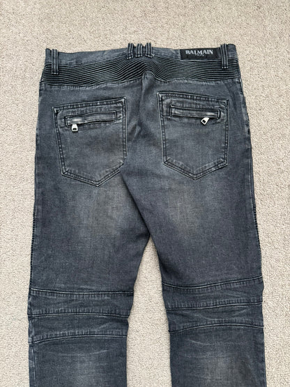 Balmain by Christophe Decarnin Grey/Blue Faded Zip Biker Denim Jeans