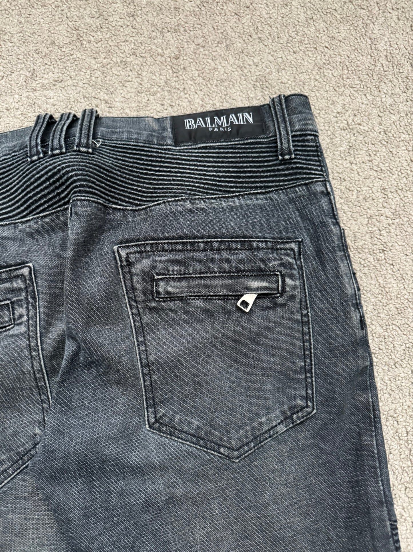 Balmain by Christophe Decarnin Grey/Blue Faded Zip Biker Denim Jeans