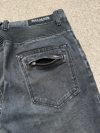 Balmain by Christophe Decarnin Grey/Blue Faded Zip Biker Denim Jeans