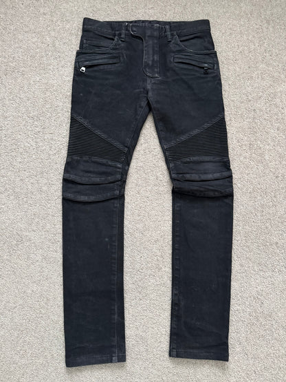 Balmain by Olivier Rousteing Black Waxed Zip Biker Denim Jeans