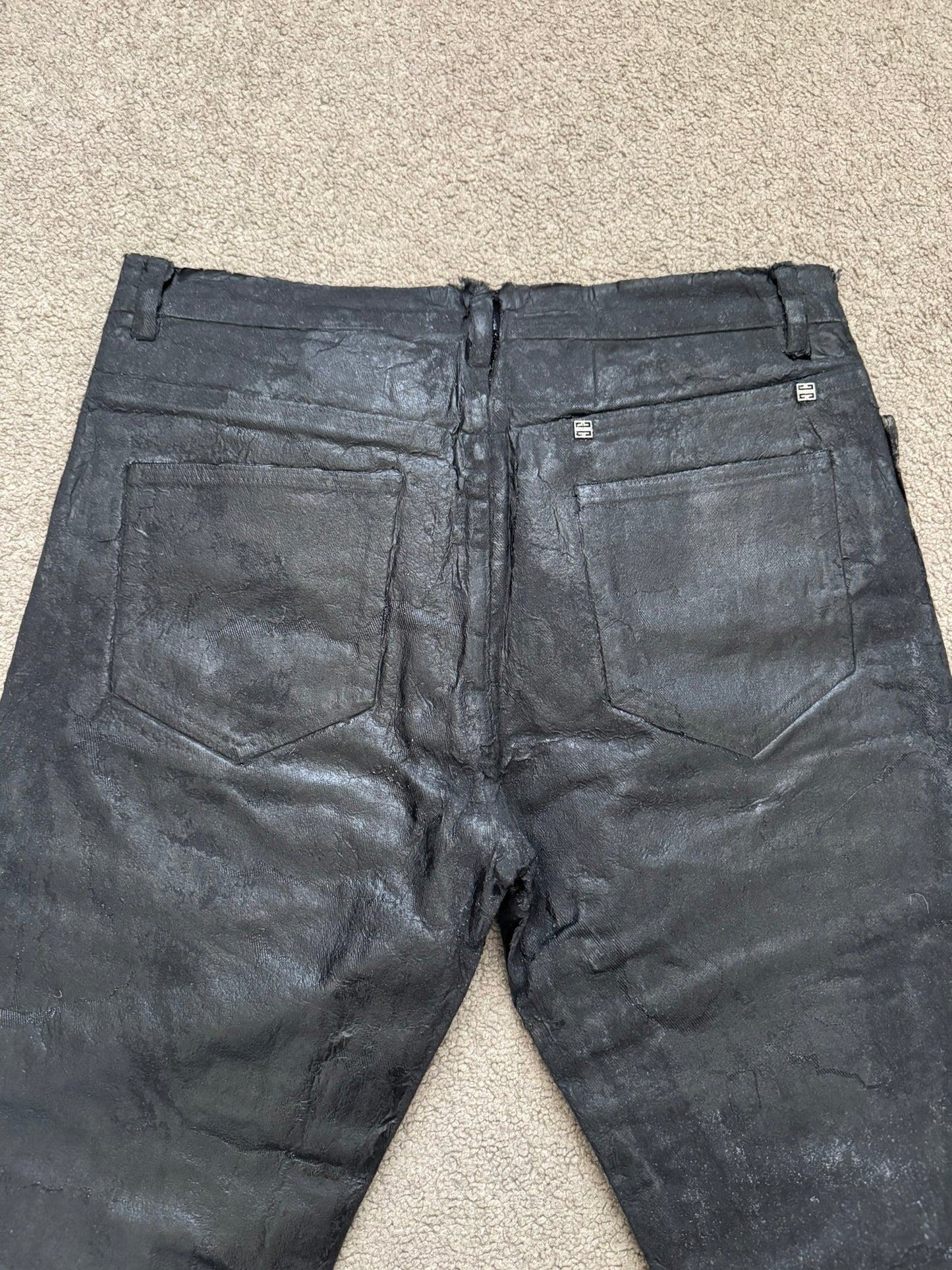SS21 Givenchy Black Painted Waxed Crackled Distressed Denim Jeans