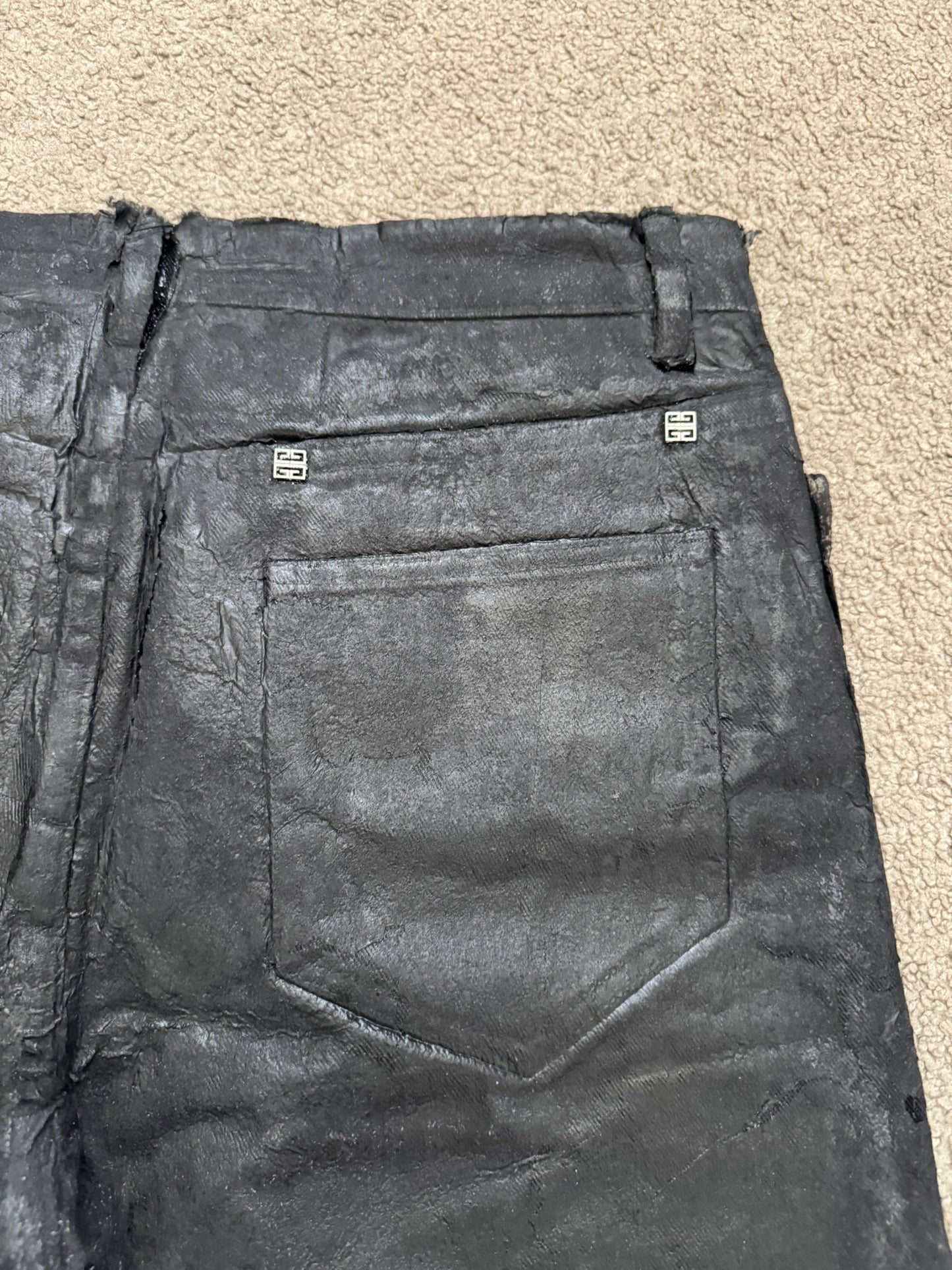 SS21 Givenchy Black Painted Waxed Crackled Distressed Denim Jeans