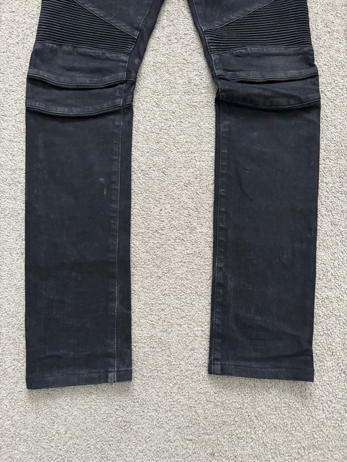 Balmain by Olivier Rousteing Black Waxed Zip Biker Denim Jeans