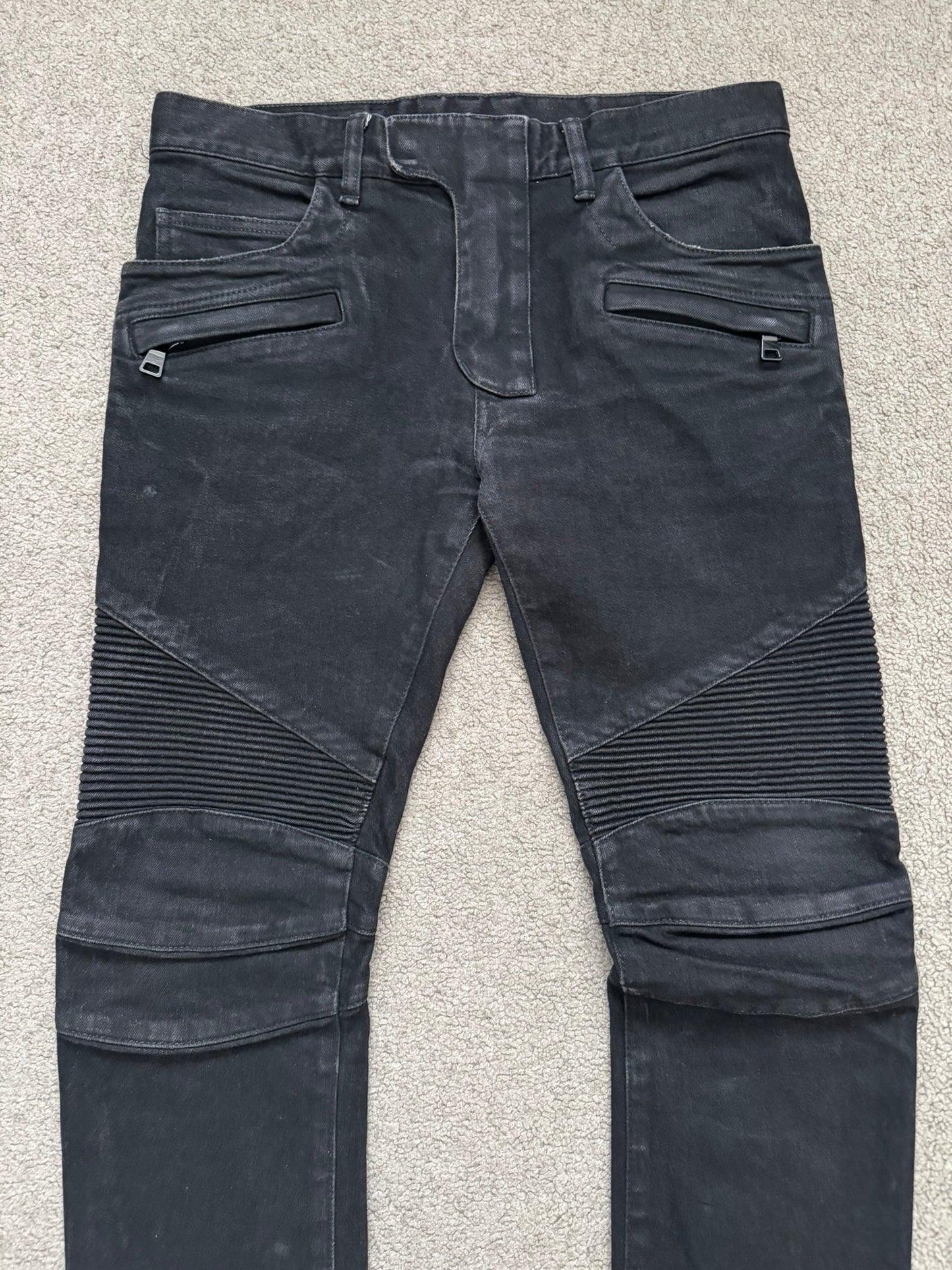 Balmain by Olivier Rousteing Black Waxed Zip Biker Denim Jeans