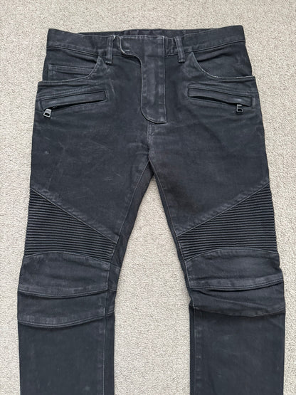 Balmain by Olivier Rousteing Black Waxed Zip Biker Denim Jeans