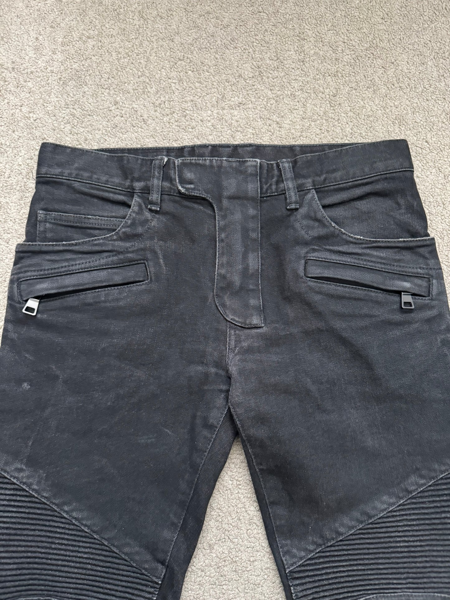 Balmain by Olivier Rousteing Black Waxed Zip Biker Denim Jeans