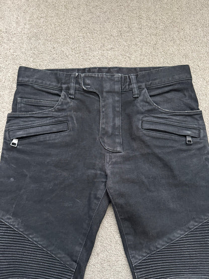 Balmain by Olivier Rousteing Black Waxed Zip Biker Denim Jeans