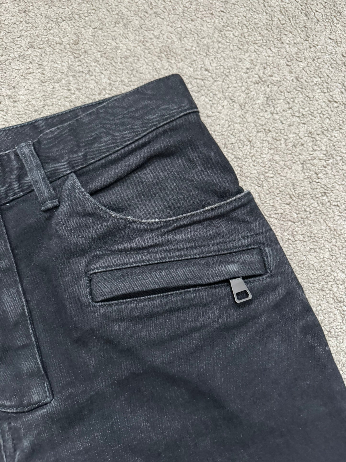 Balmain by Olivier Rousteing Black Waxed Zip Biker Denim Jeans