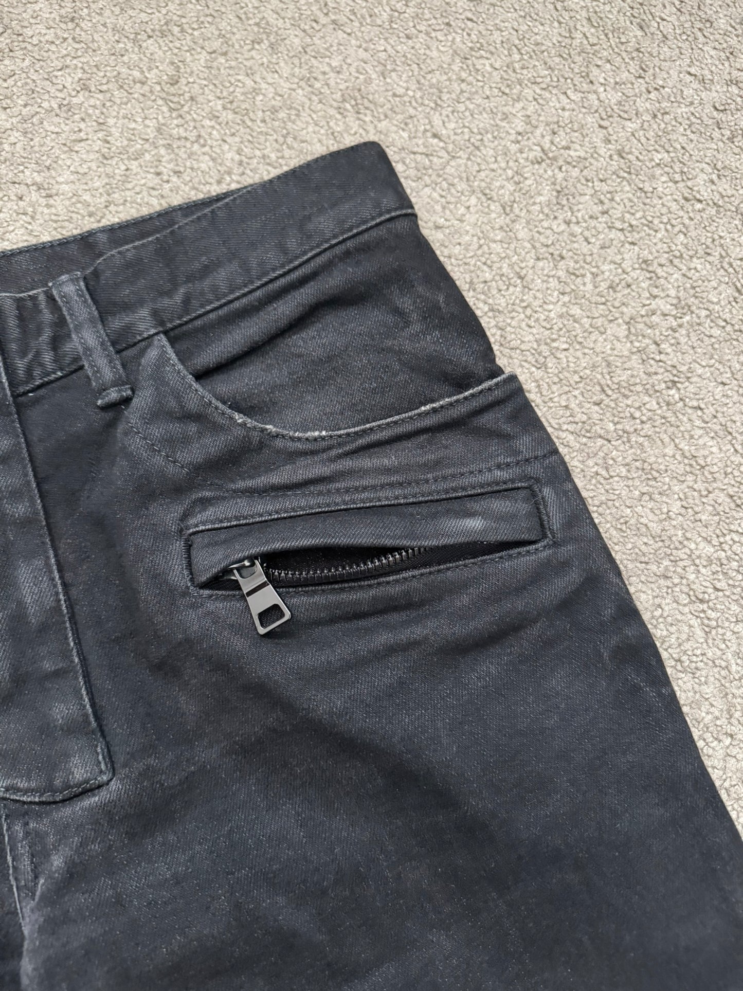 Balmain by Olivier Rousteing Black Waxed Zip Biker Denim Jeans