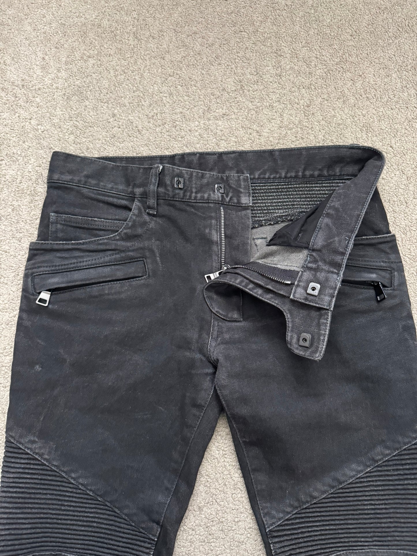 Balmain by Olivier Rousteing Black Waxed Zip Biker Denim Jeans
