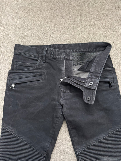Balmain by Olivier Rousteing Black Waxed Zip Biker Denim Jeans