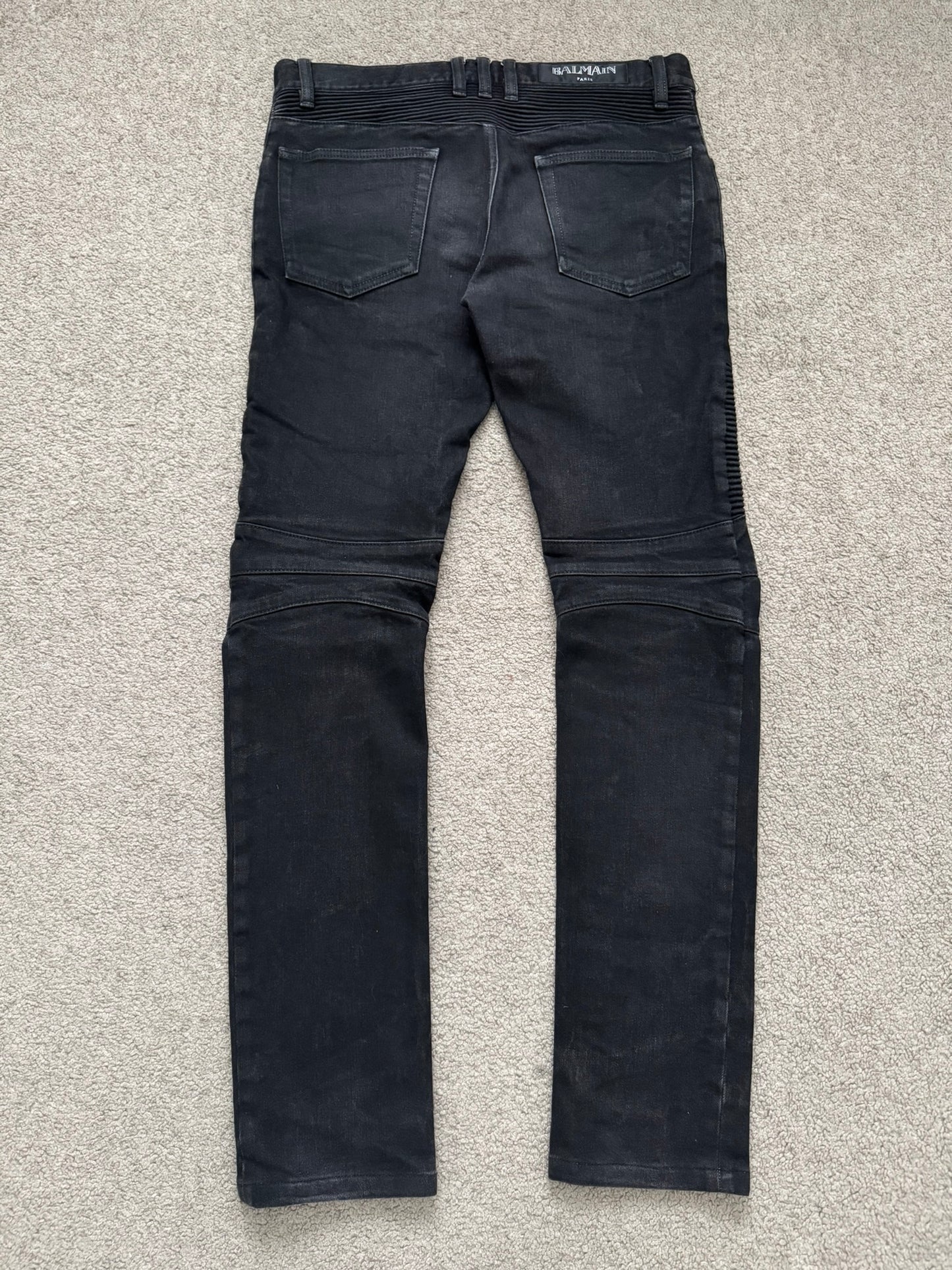 Balmain by Olivier Rousteing Black Waxed Zip Biker Denim Jeans