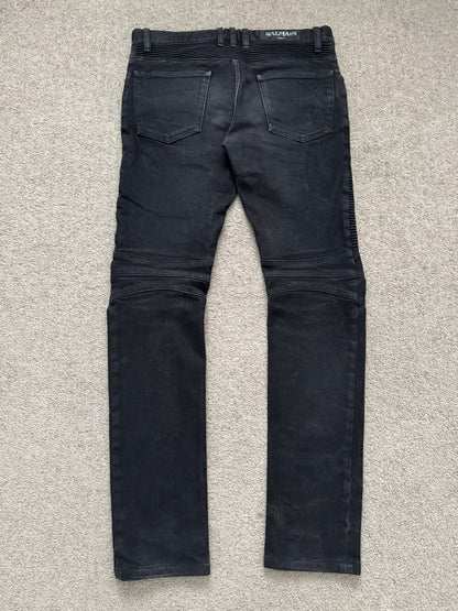 Balmain by Olivier Rousteing Black Waxed Zip Biker Denim Jeans