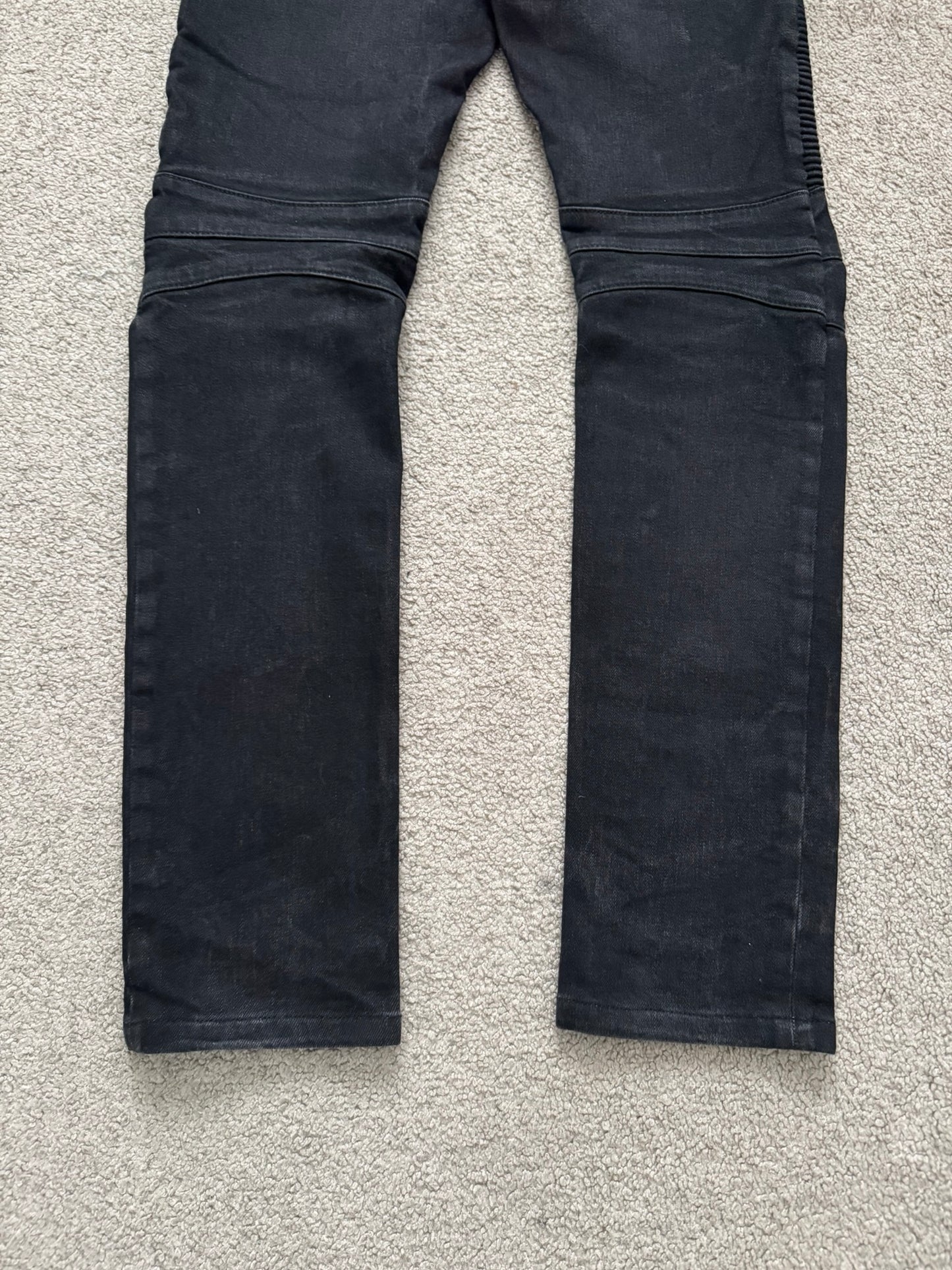 Balmain by Olivier Rousteing Black Waxed Zip Biker Denim Jeans