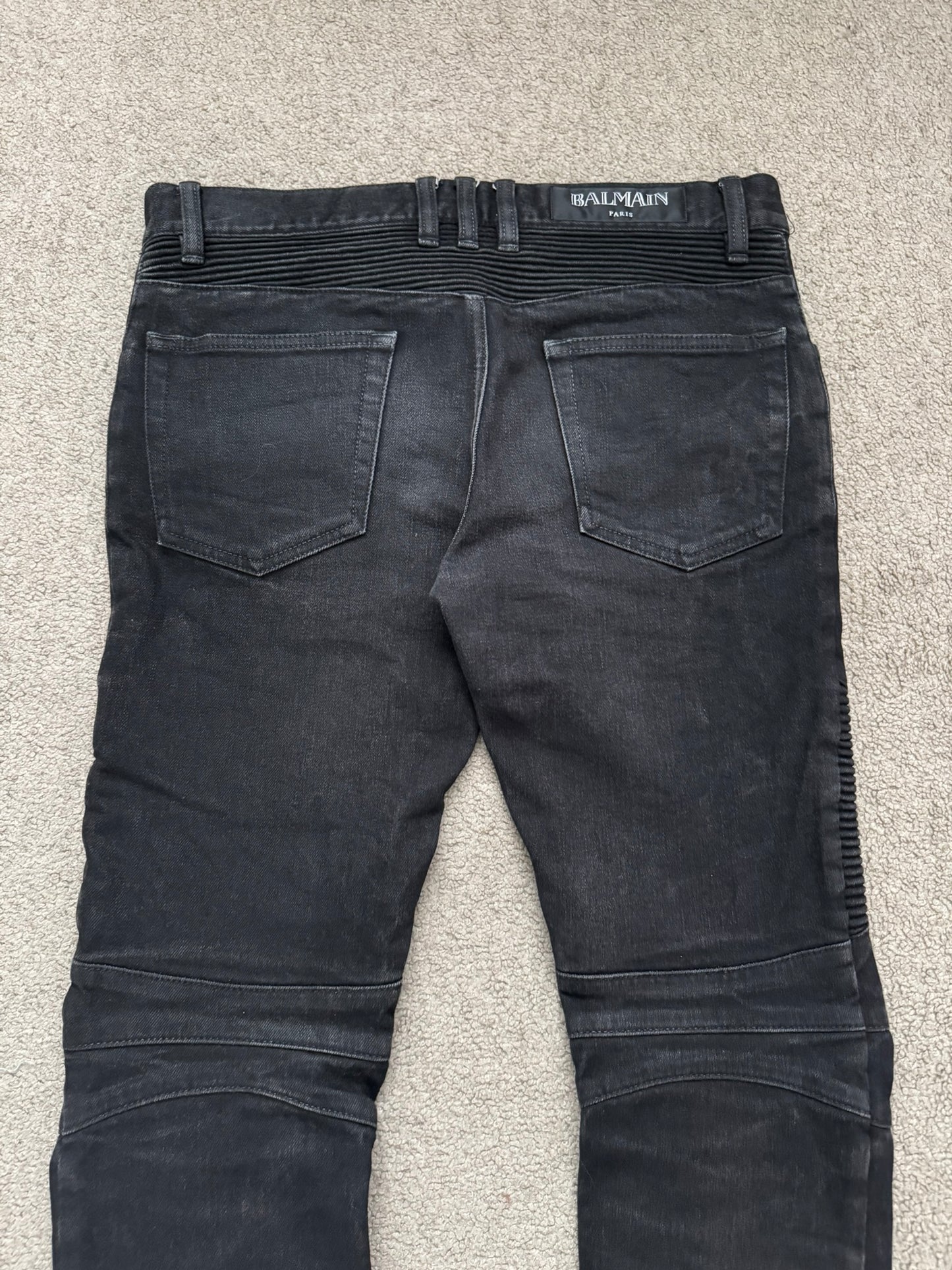 Balmain by Olivier Rousteing Black Waxed Zip Biker Denim Jeans