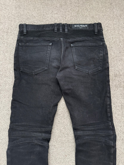 Balmain by Olivier Rousteing Black Waxed Zip Biker Denim Jeans