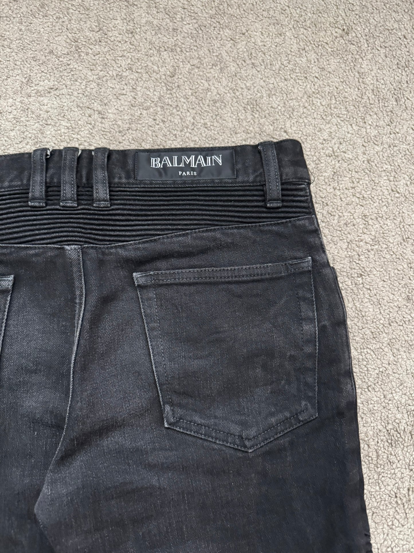 Balmain by Olivier Rousteing Black Waxed Zip Biker Denim Jeans