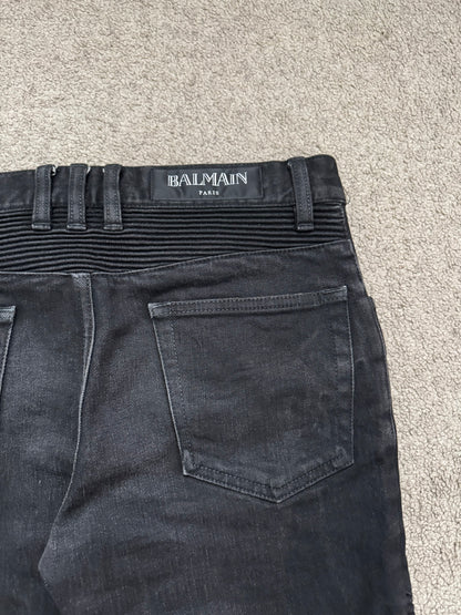 Balmain by Olivier Rousteing Black Waxed Zip Biker Denim Jeans
