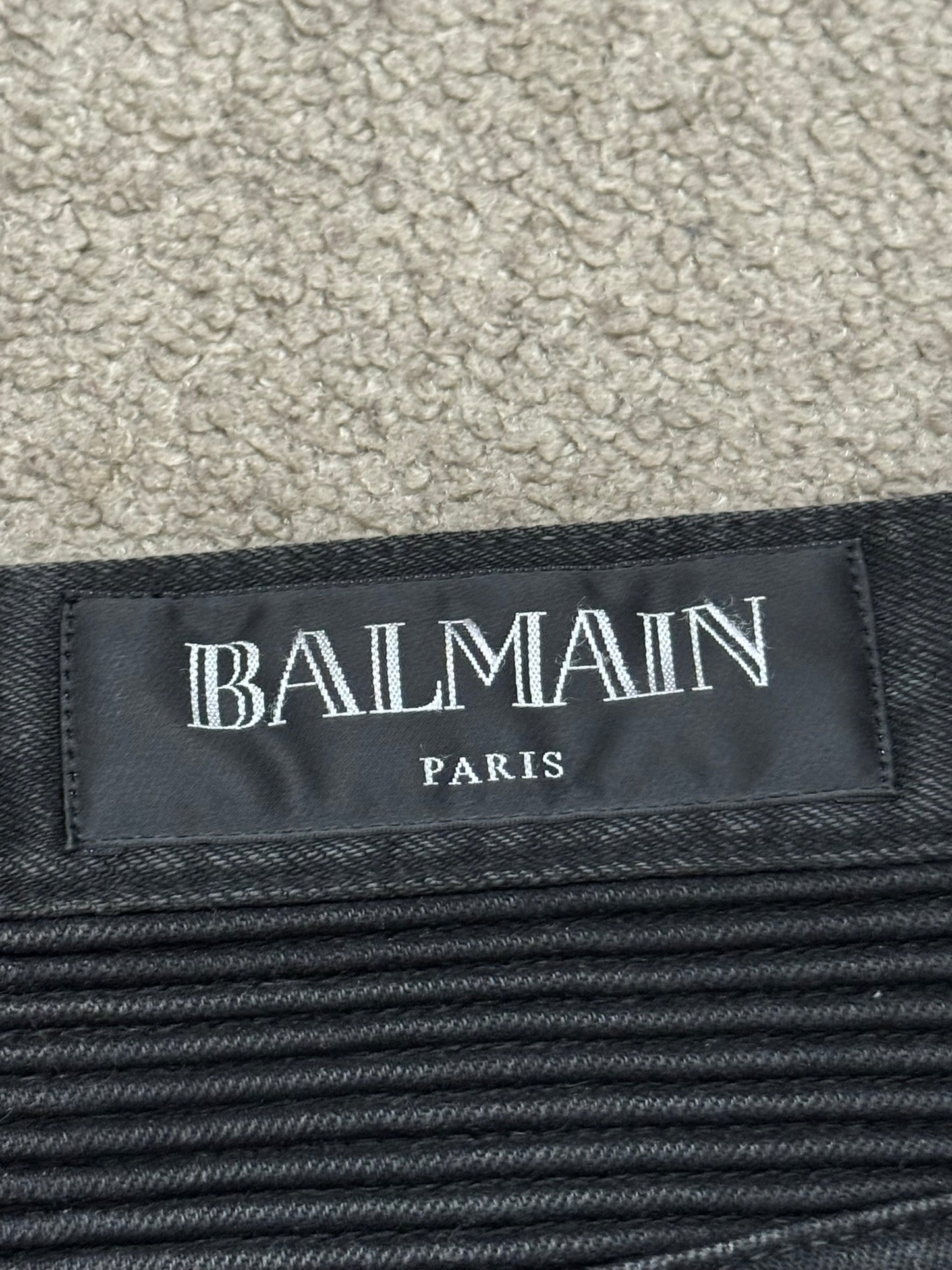 Balmain by Olivier Rousteing Black Waxed Zip Biker Denim Jeans