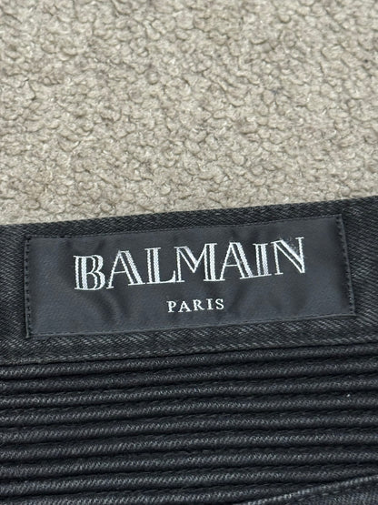 Balmain by Olivier Rousteing Black Waxed Zip Biker Denim Jeans