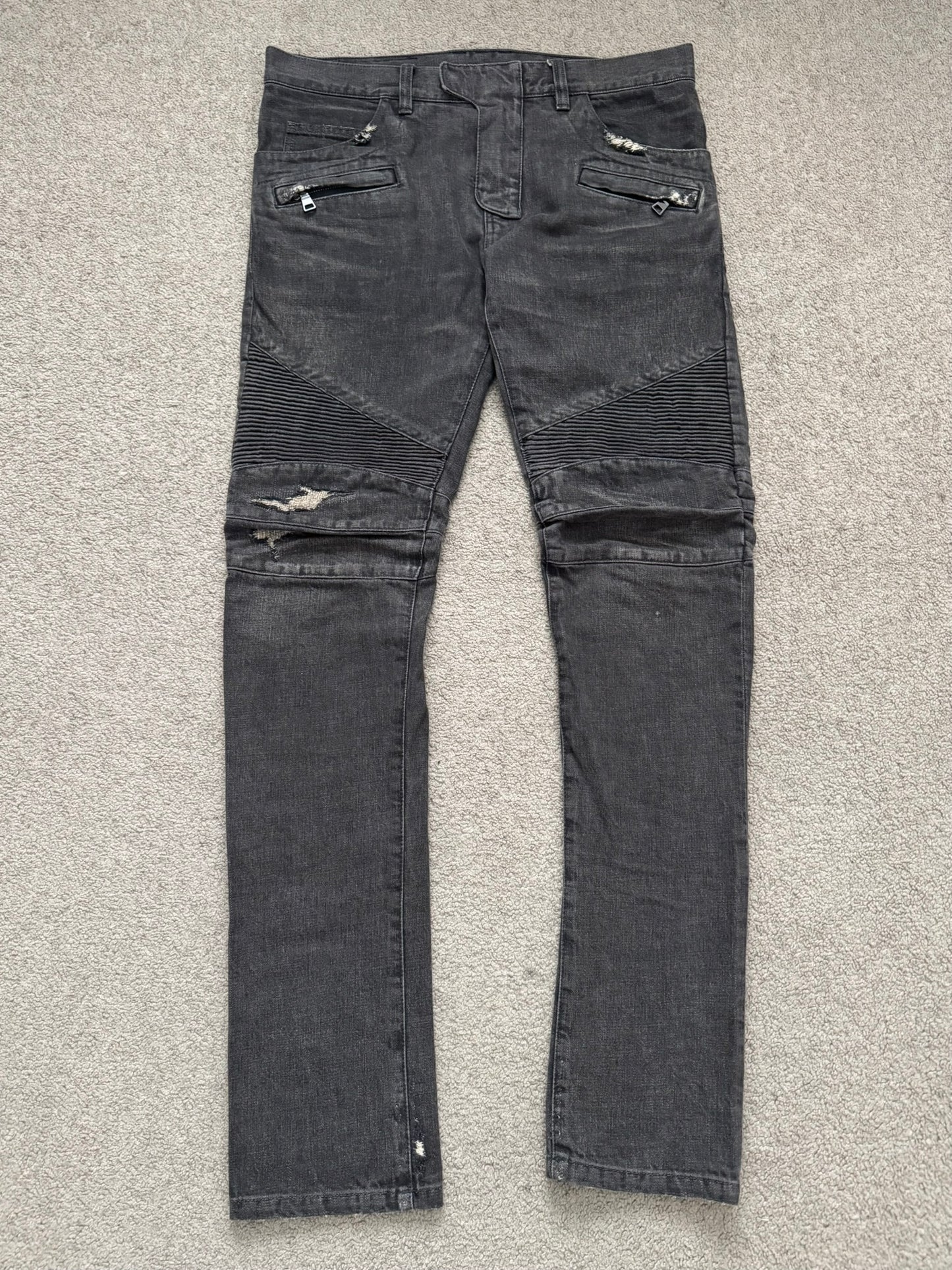 FW14 Balmain by Olivier Rousteing Grey Distressed & Faded Zip Biker Denim Jeans