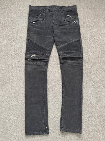 FW14 Balmain by Olivier Rousteing Grey Distressed & Faded Zip Biker Denim Jeans