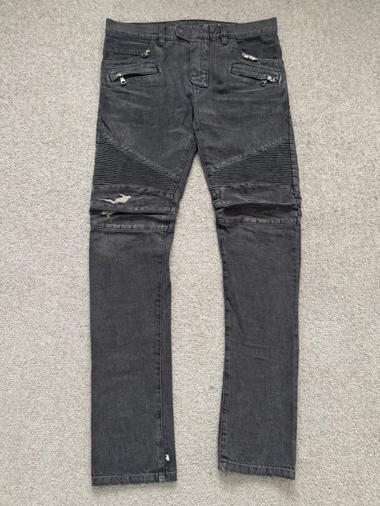 FW14 Balmain by Olivier Rousteing Grey Distressed & Faded Zip Biker Denim Jeans