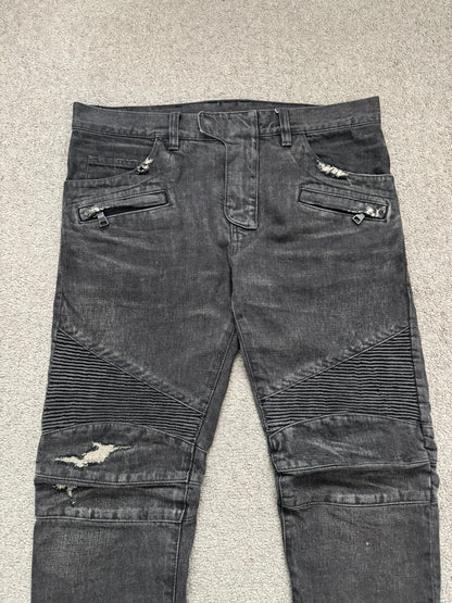 FW14 Balmain by Olivier Rousteing Grey Distressed & Faded Zip Biker Denim Jeans