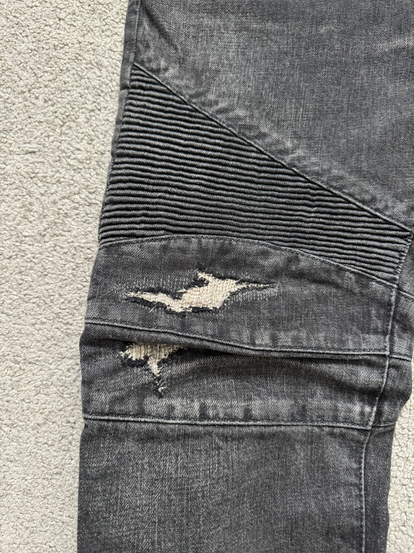 FW14 Balmain by Olivier Rousteing Grey Distressed & Faded Zip Biker Denim Jeans