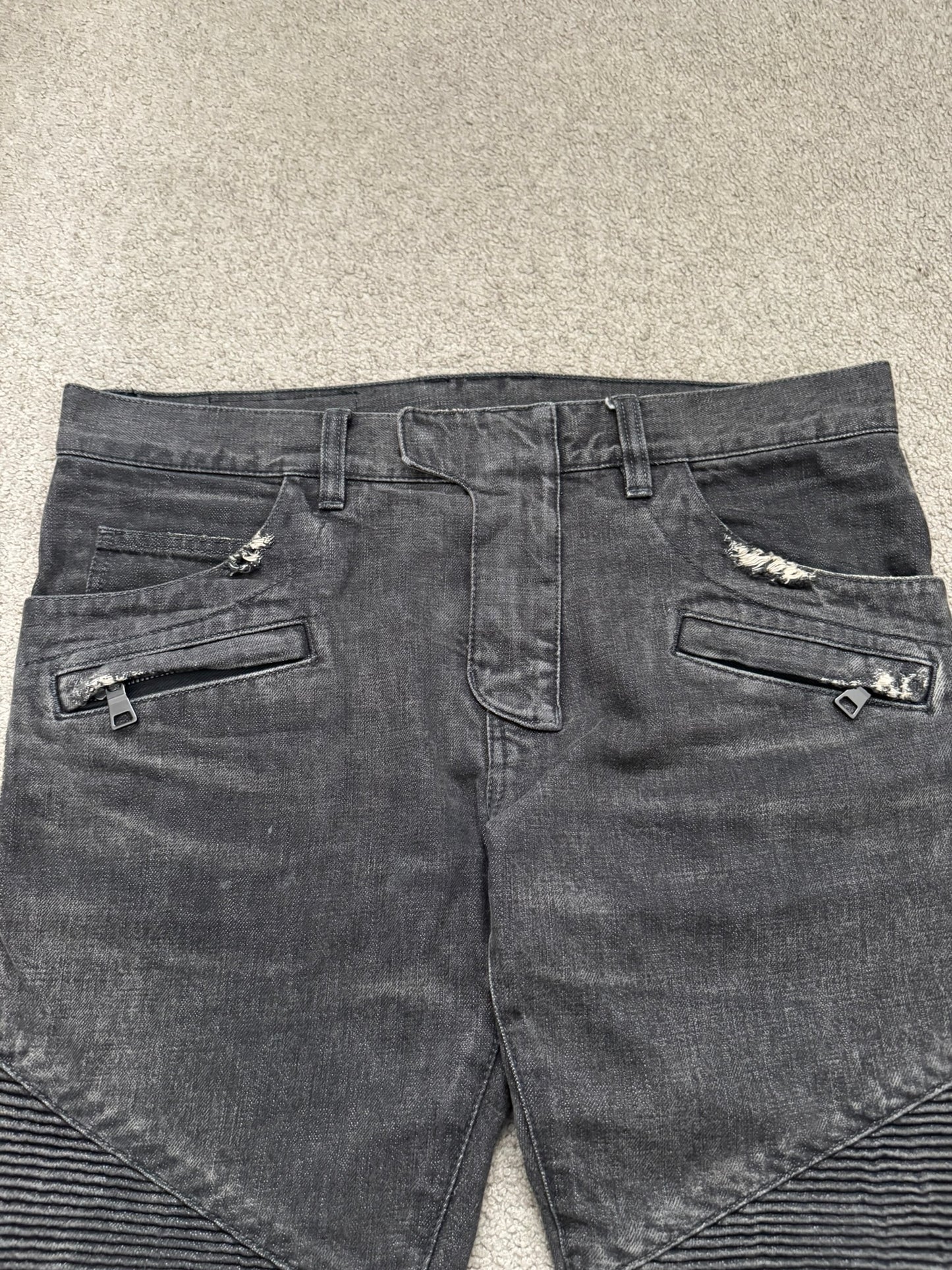 FW14 Balmain by Olivier Rousteing Grey Distressed & Faded Zip Biker Denim Jeans