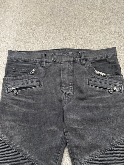 FW14 Balmain by Olivier Rousteing Grey Distressed & Faded Zip Biker Denim Jeans
