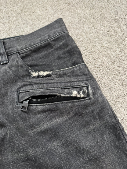 FW14 Balmain by Olivier Rousteing Grey Distressed & Faded Zip Biker Denim Jeans