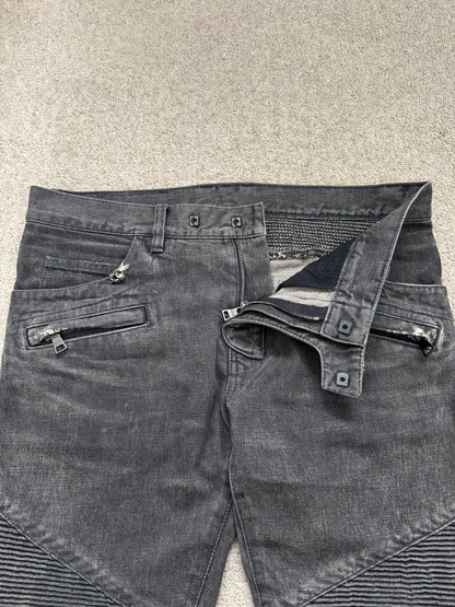 FW14 Balmain by Olivier Rousteing Grey Distressed & Faded Zip Biker Denim Jeans