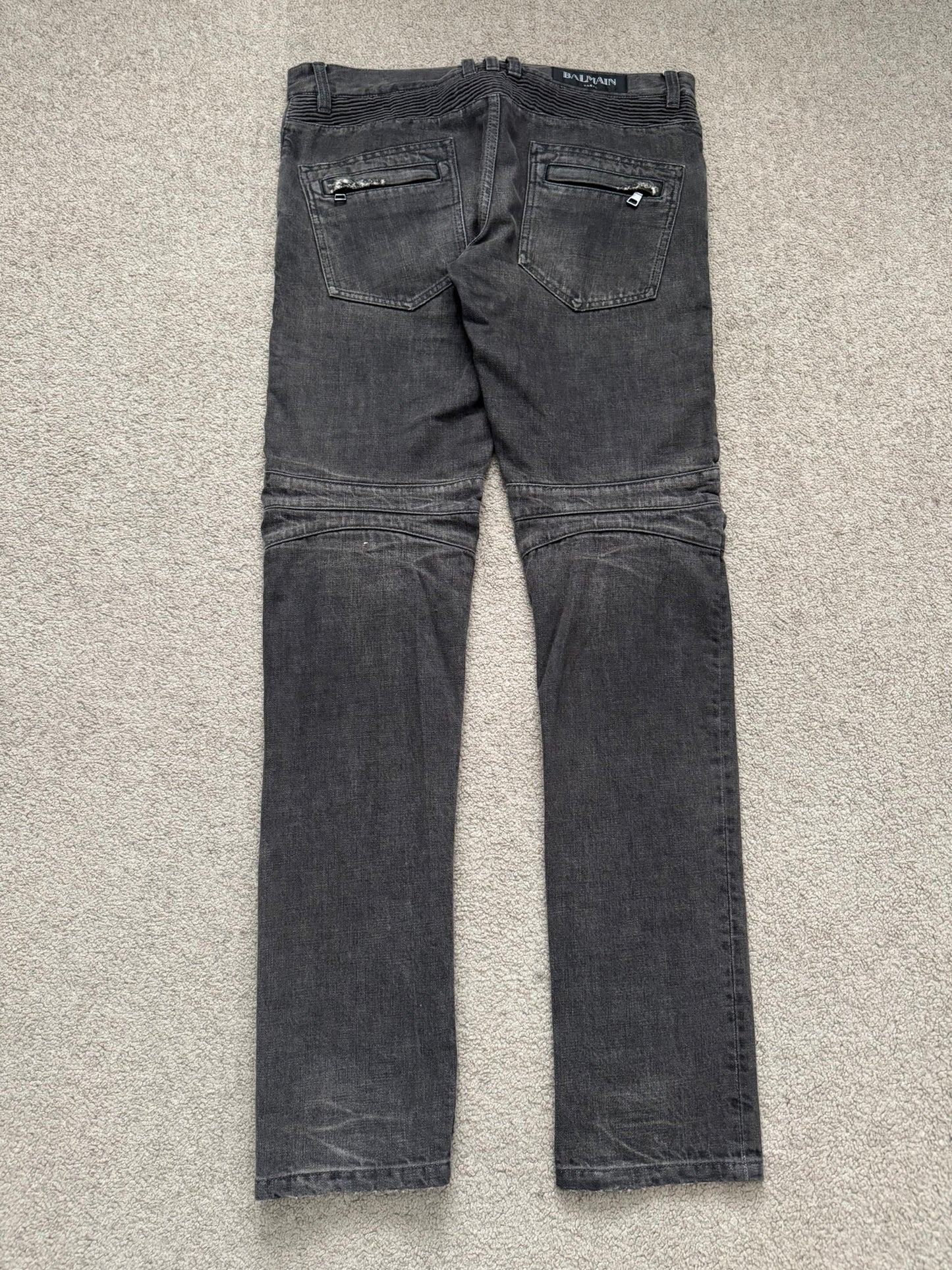 FW14 Balmain by Olivier Rousteing Grey Distressed & Faded Zip Biker Denim Jeans