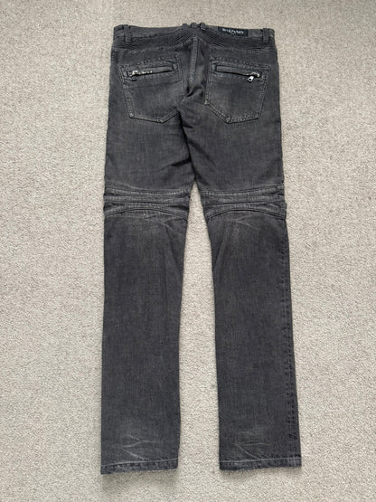 FW14 Balmain by Olivier Rousteing Grey Distressed & Faded Zip Biker Denim Jeans