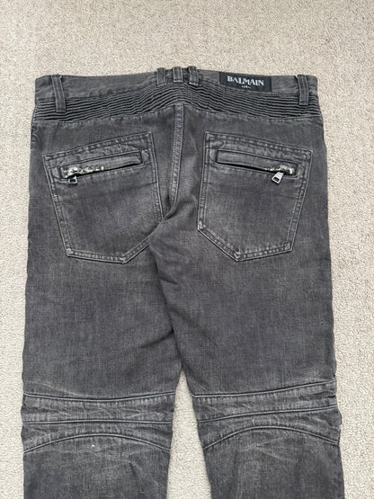 FW14 Balmain by Olivier Rousteing Grey Distressed & Faded Zip Biker Denim Jeans