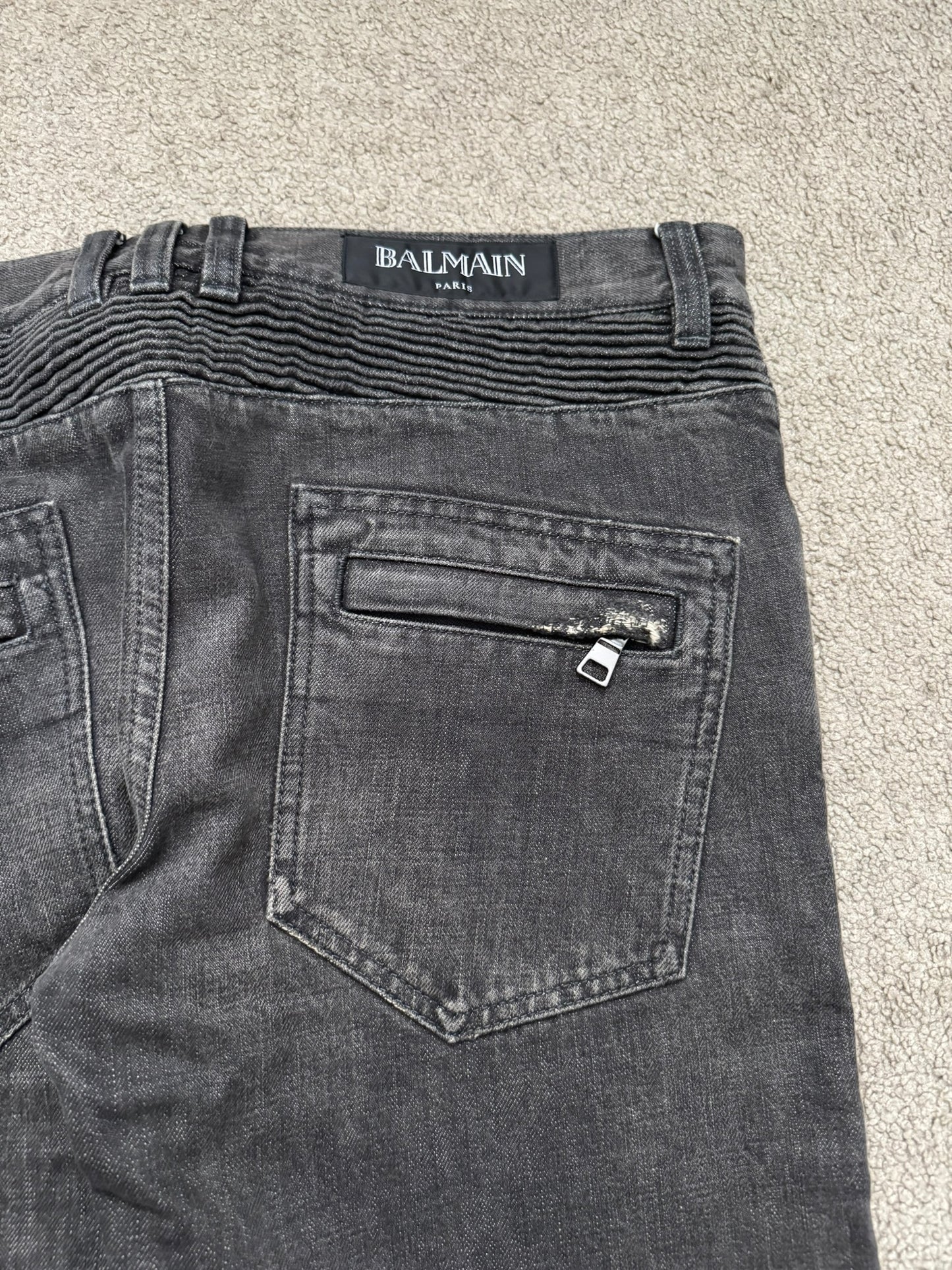 FW14 Balmain by Olivier Rousteing Grey Distressed & Faded Zip Biker Denim Jeans