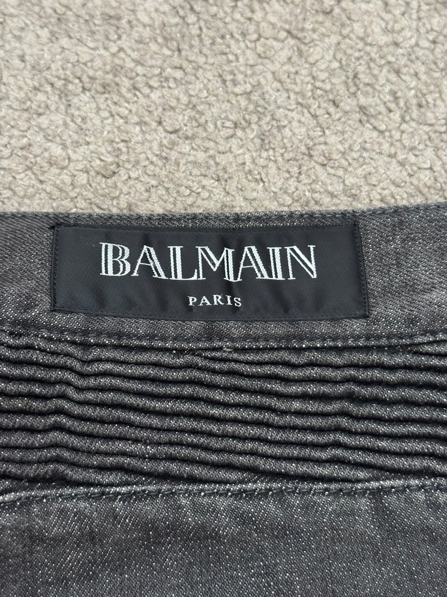 FW14 Balmain by Olivier Rousteing Grey Distressed & Faded Zip Biker Denim Jeans